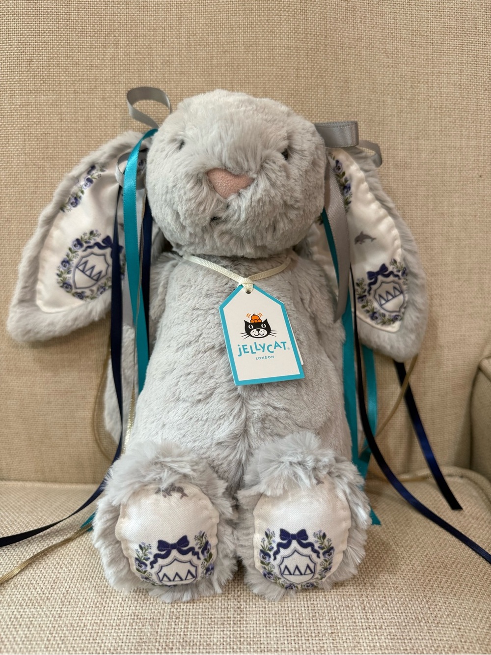 Sorority Jellycat Bunny with Embroidered Ears and Ribbon Streamers tri delta